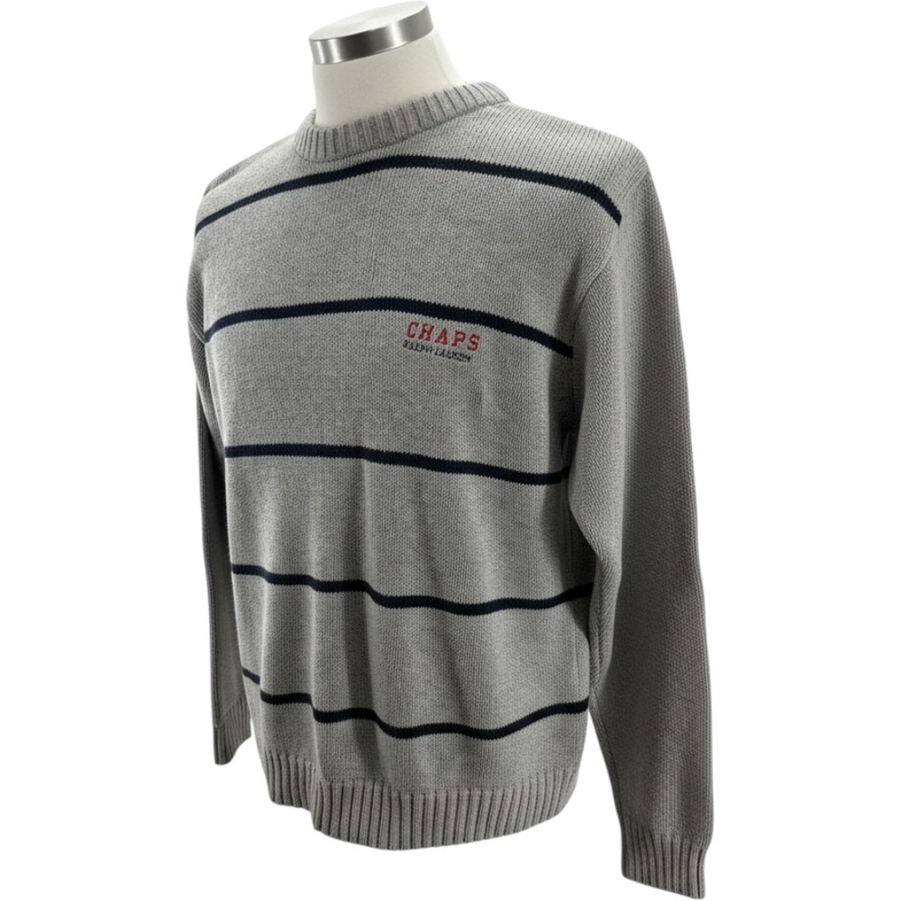 Chaps Ralph Lauren Mens Gray Navy Striped Cotton Crewneck Sweater Size M